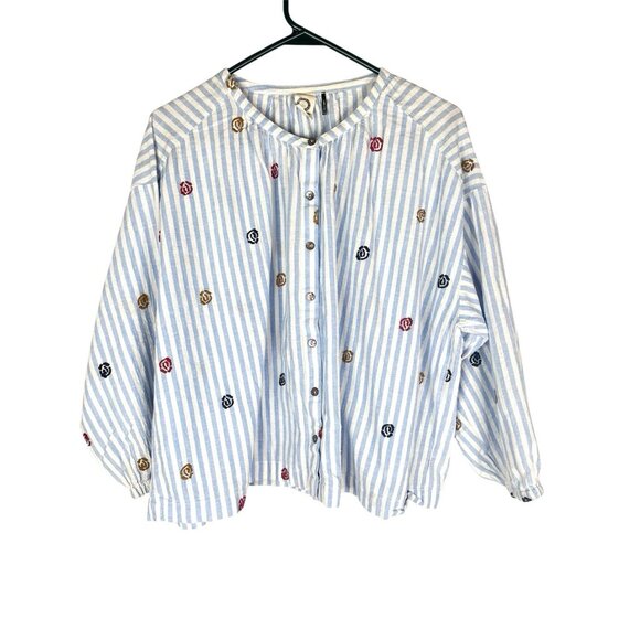 AKEMI KIM ANTHROPOLOGIE Women's Blue White Stripe Embroidered Blouse Medium - Picture 1 of 6